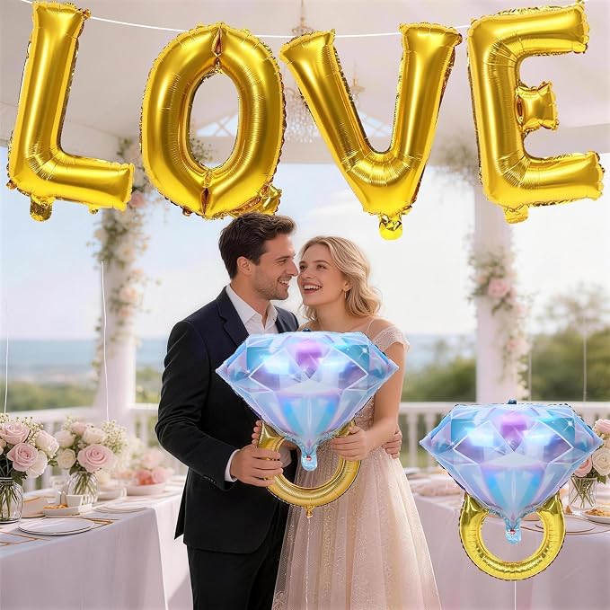 40inch Gold Love Balloons with 2pcs Diamond Ring Foil Balloons, Large Love - Image 5