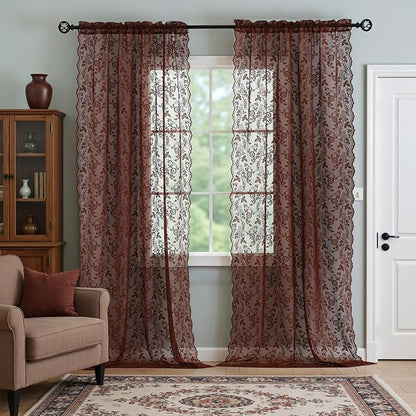 Chestnut Brown Lace Curtains Rustic Leaf Floral 42 x 84 Inch, 2 Panels | Rod by FINECITY