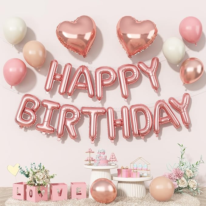 Happy Birthday Balloon Banner Rose Gold, 16 Inch Mylar Letters Rose Gold Heart by Togvu