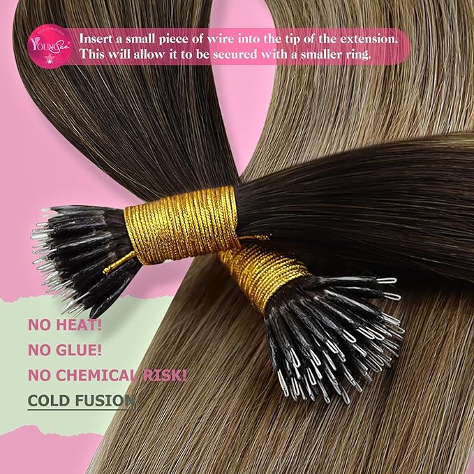 YoungSee Nano Hair Extensions Brown Remy Nano Ring Extensions Human Hair Balayage Dark Brown with Blonde 24Inch Nano-Bead Extension Real Human Hair Invisible blend 1g/s 50g
