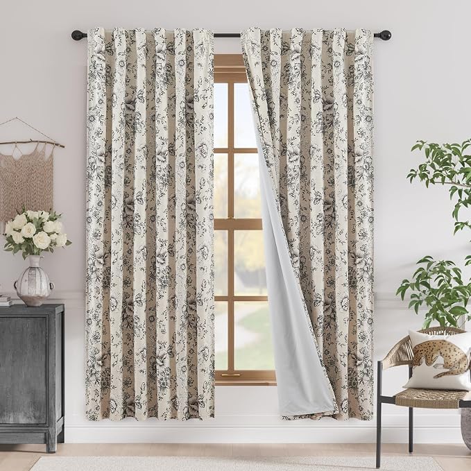 jinchan Black Floral Linen Blackout Curtains 72 Inch Back Tab 2 Panels | by JINCHAN