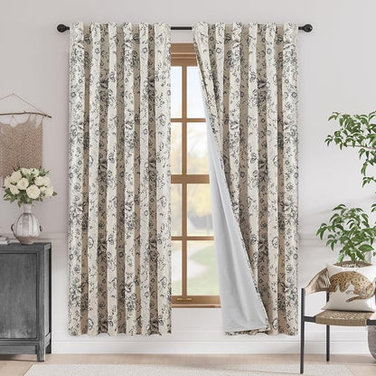 jinchan Black Floral Linen Blackout Curtains 72 Inch Back Tab 2 Panels | by JINCHAN