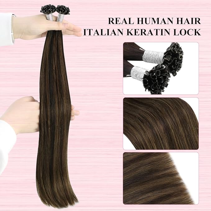 YoungSee U Tip Hair Extensions Brown Balayage U Tip Hair Extensions Human Hair Dark Brown Ombre Browns K-Tip Hair Extension Real Human Hair 24Inch Ktip Extensions for Long Hair 50s/50g