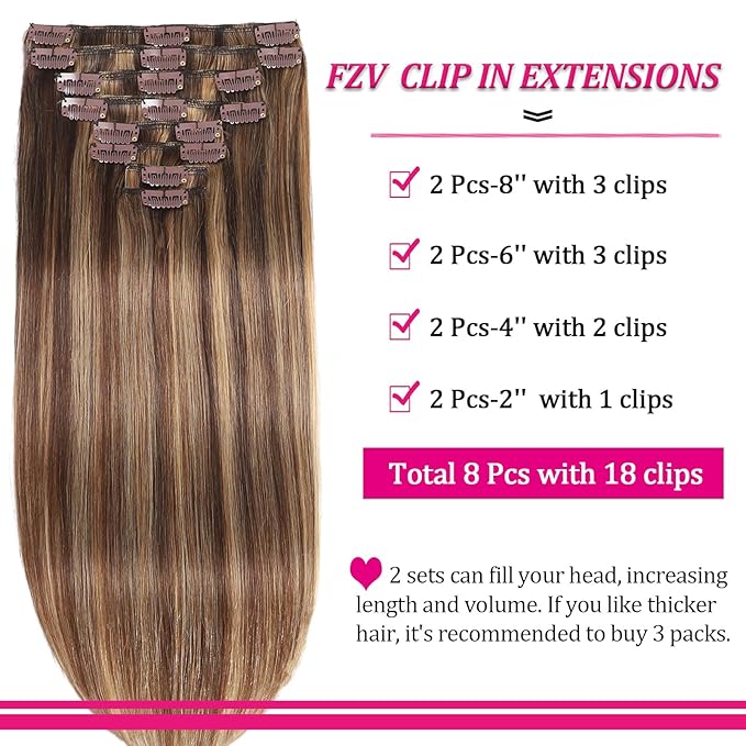 Straight Clip in Hair Extensions Real Human Hair 110g Remy Human Hair 8pcs 18Clips Clip on Extensions Soft Silky Hair for Fashion Women Chocolate Brown to Honey Blonde Hair Extensions (#P427)