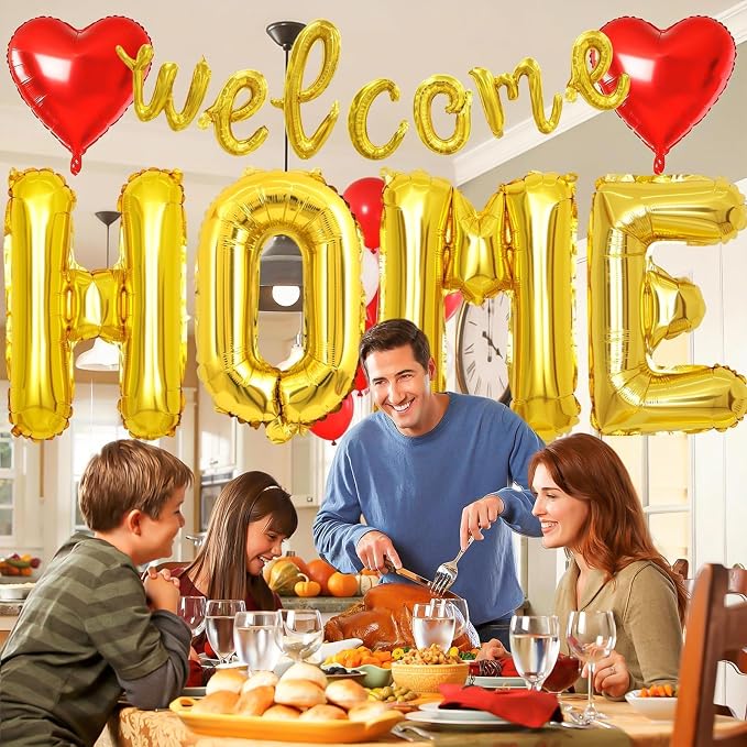 Welcome Home Balloons Red Gold, 40Inch HOME and 16Inch Welcome Foil Balloons - Image 3