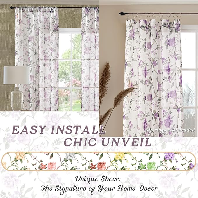 Floral Sheer Curtains 96 Inch Length 2 Panels, Vintage Farmhouse Light - Image 7
