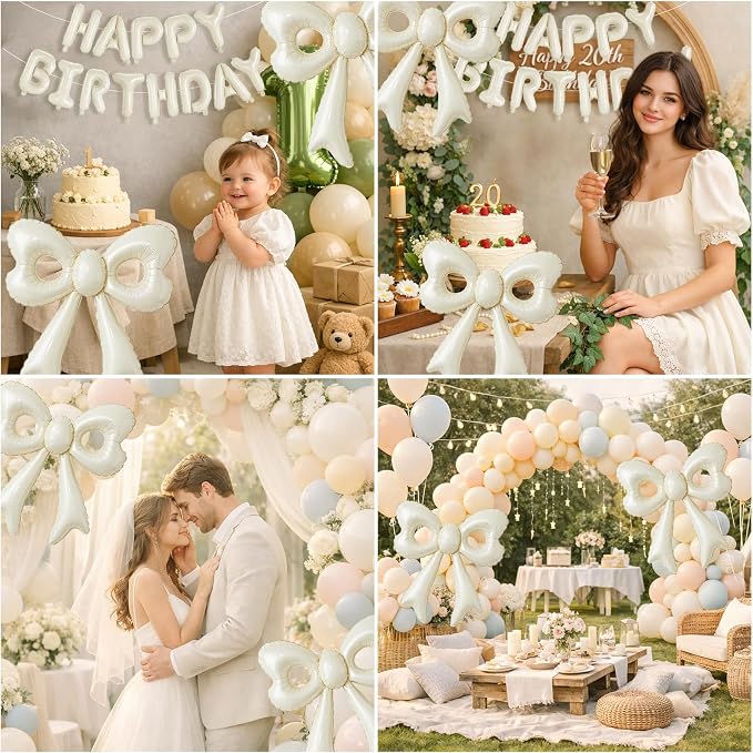 Cream Happy Birthday Balloons, 31”Huge Beige Bow Aluminum Foil Balloon Banner - Image 4