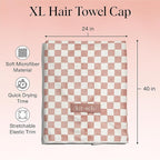 Kitsch Love & Comfort 2PC Spa Set - Satin Lined Reusable Waterproof Shower Cap and XL Quick Dry Hair Towel Wrap for Women, Microfiber Towel, Flexi Shower Cap For All Hair Types - Terracotta Checker