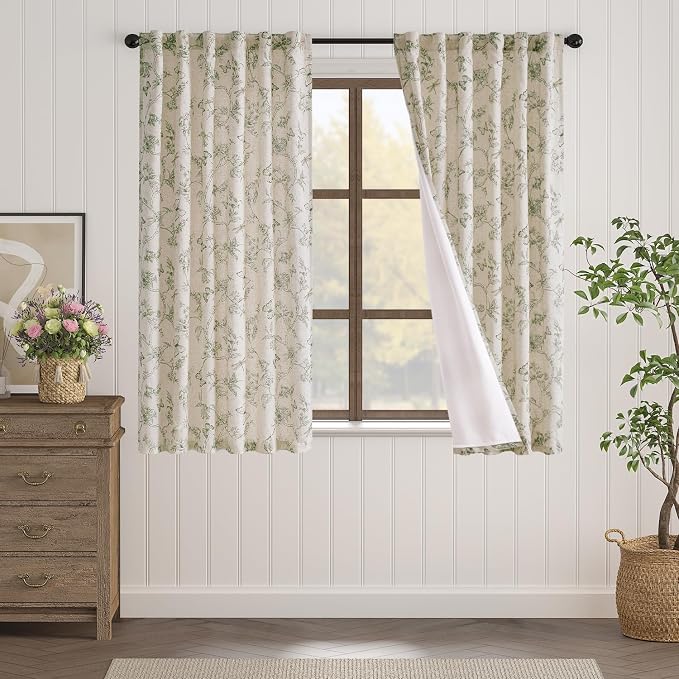 Green Floral Linen Lined Curtains Rod Pocket 50W X 63L 2 Panels | Charlotte - Image 2