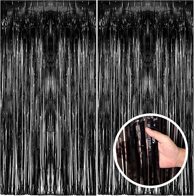 2 Pack Black Party Streamers Backdrop Tinsel Foil Fringe Curtains Halloween by BOMSI