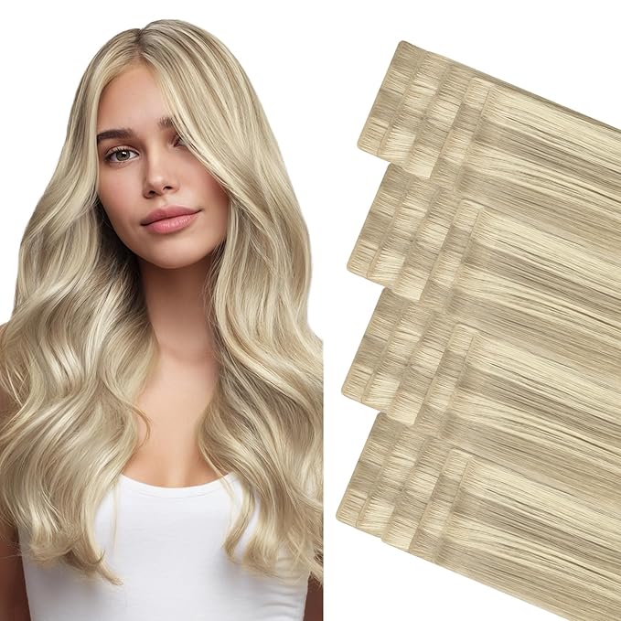 GOO GOO Invisi Edge Tape in Hair Extensions Human Hair, 17A/60A Ash Blonde Highlighted Platinum Blonde, 20pcs 16inch 50g, Virgin Remy Hair, Seamless Injected Tape, Natural Look