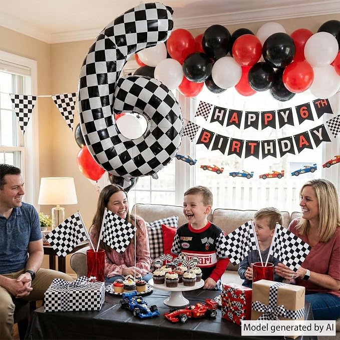 40 Inch Checkered Number 6 Balloon, Large Foil Black and White Number Balloons - Image 2