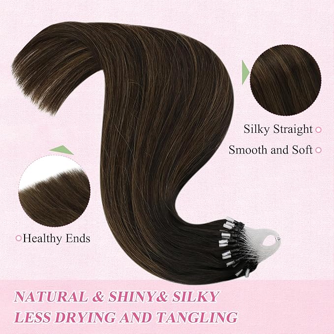 YoungSee Micro Loop Hair Extensions Real Human Hair Brown Microlink Hair Extensions Human Hair Dark Brown Balayage Bead Hair Extension Real Hair 22 Inch Ombre Micro-Bead Hair Extension Soft 50g 50s
