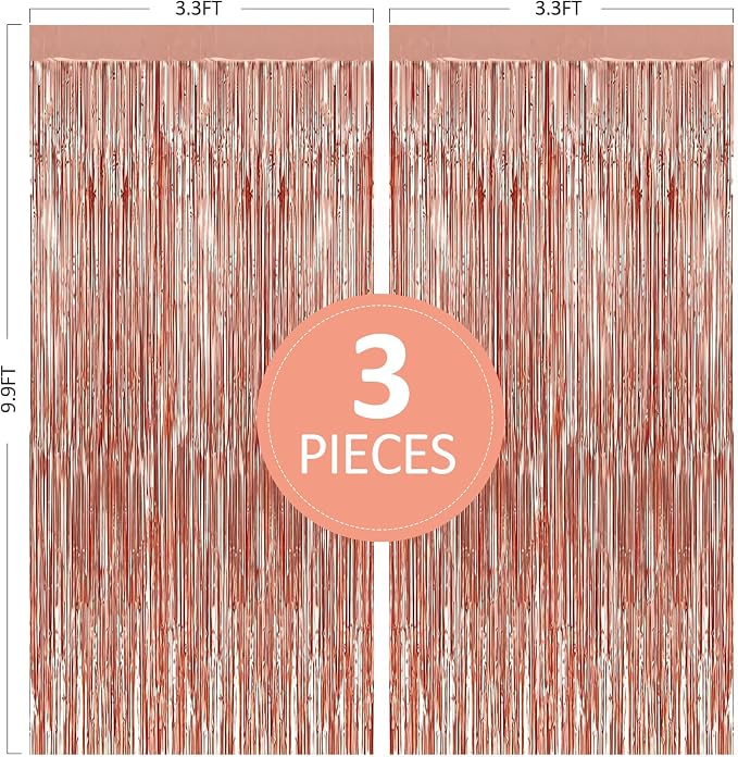TenLaitech 3 Pack 3.3 x 9.9 ft Rose Gold Foil Fringe Backdrop Curtain, Streamer - Image 2