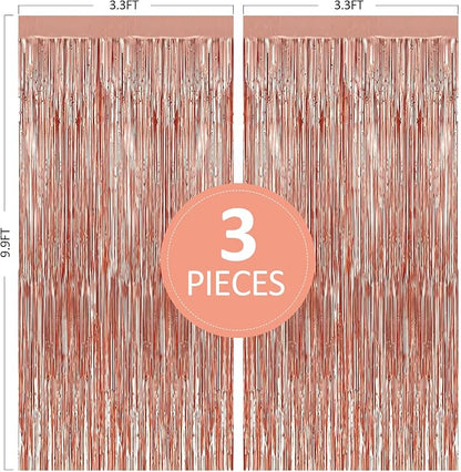 TenLaitech 3 Pack 3.3 x 9.9 ft Rose Gold Foil Fringe Backdrop Curtain, Streamer - Image 2