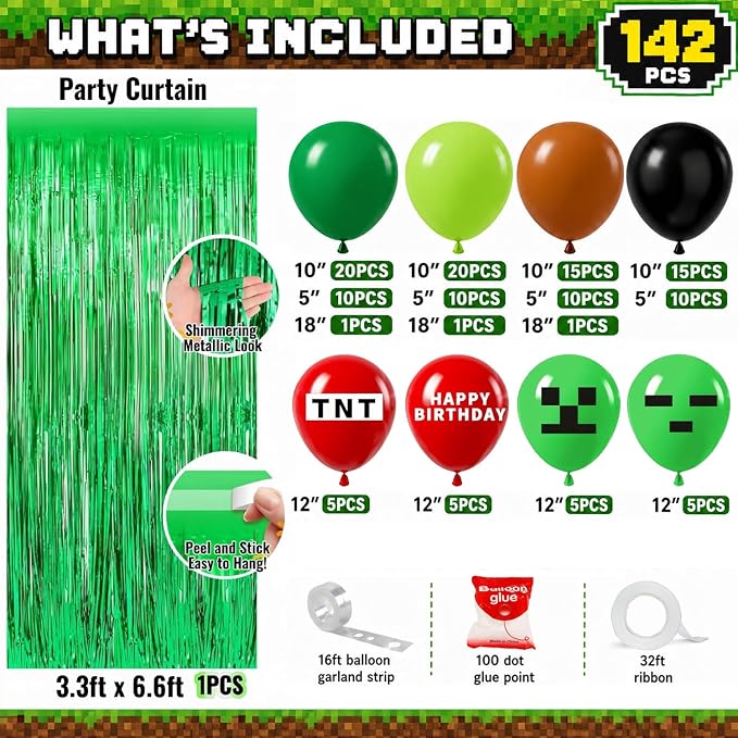 Pixel Game Birthday Party Decorations, Tablecloth, Foil Balloons, Fringe Curtain - Image 3