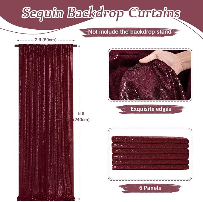 Sequin Backdrop Curtain 6 Pieces 2ftx8ft Burgundy Sparkly Stage Backdrop Drapes - Image 2