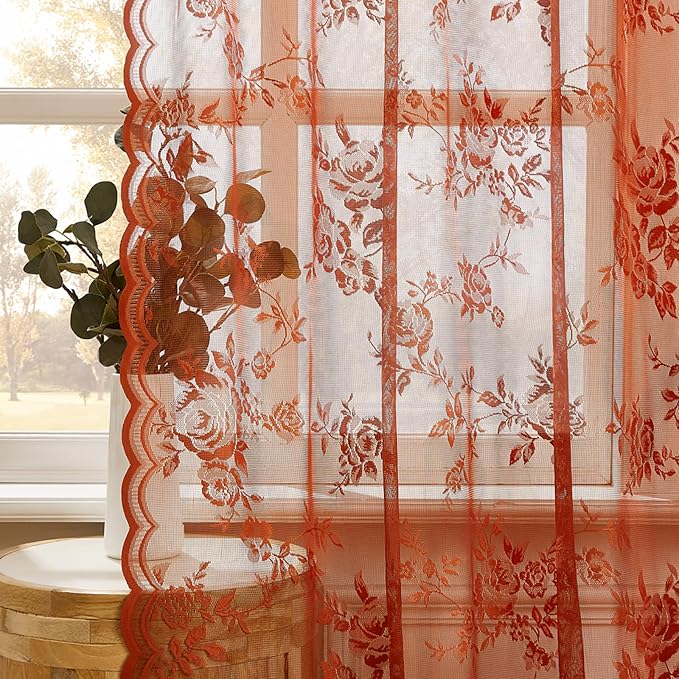 Burnt Orange Lace Curtains 96 Inches Long Fall Country Floral Sheer Curtains - Image 5
