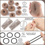 FANDAMEI Hair Bun Maker Set- 8 PCS Hair Donuts for Buns (2 Extra-large,2 Large,2 Medium and 2 Small), 40 PCS Bobby Pins, 5 PCS Hair Elastic Ties Black,Bun Maker - Tan Brown
