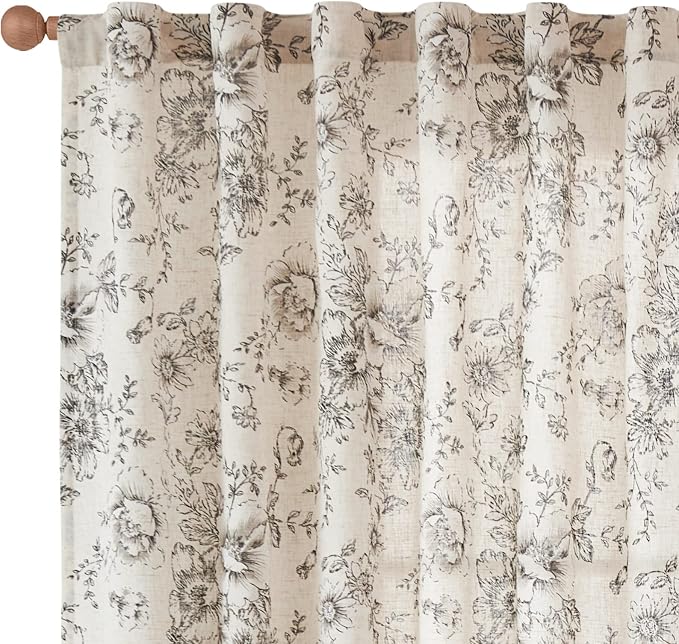 jinchan Black Floral Linen Curtains 63 Inch Farmhouse Back Tab 2 Panels | Light - Image 8