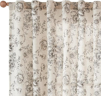 jinchan Black Floral Linen Curtains 63 Inch Farmhouse Back Tab 2 Panels | Light - Image 8