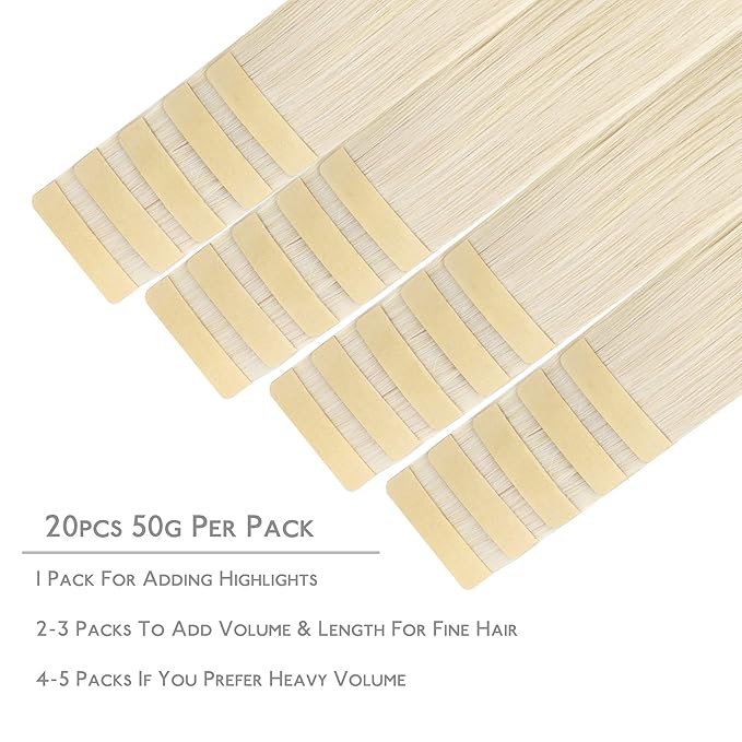 WENNALIFE Tape in Hair Extensions Human Hair, 20pcs 50g 16 inch Platinum Blonde Remy Hair Extensions Straight Human Hair Tape in Extensions Skin Weft Tape Extensions Human Hair