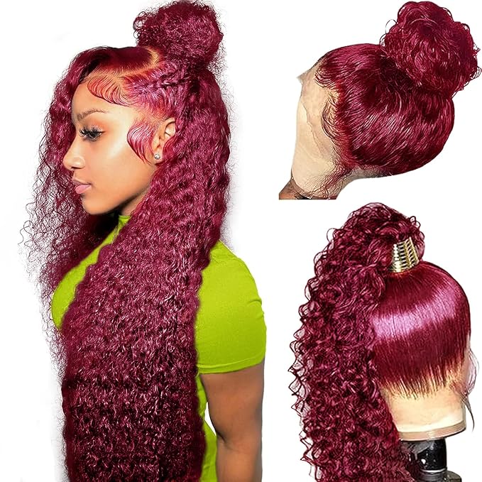 Burgundy Wig Human Hair Hidden Strap 99j Burgundy 360 Full Lace Front Wigs Human Hair Invisible Strap Pre Plucked Bleached Konts Deep Wave Lace Frontal Wig with Drawstring Curly Glueless Wigs(20inch)