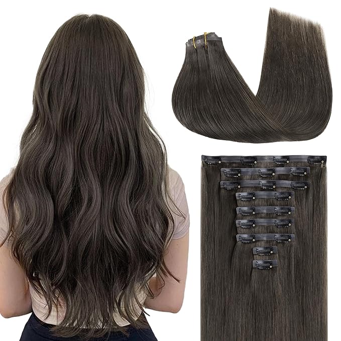 GOO GOO Clip in Hair Extensions Real Human Hair, Remy Human Hair Extensions Clip ins for Women, Natural Human Hair, 14inch 130g 9Pcs, 1C Mocha Brown