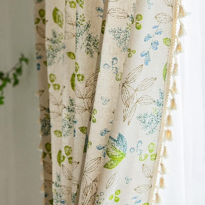 ENJOYBRIDAL Leaf Curtains 96 Inch Length 2 Panels Tassel Boho Semi Sheer Drapes by ENJOYBRIDAL