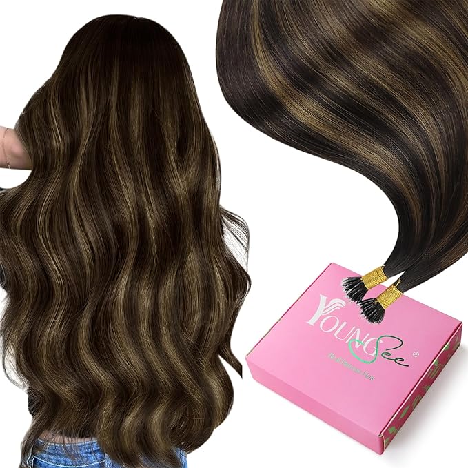 YoungSee Nano Hair Extensions Human Hair Dark Brown Mix Medium Brown 22in Nano Ring Hair Extensions Real Human Hair Balayage 50g Nano-Beads Extension Ombre Cold Fusion Natural Looking Hair Extension