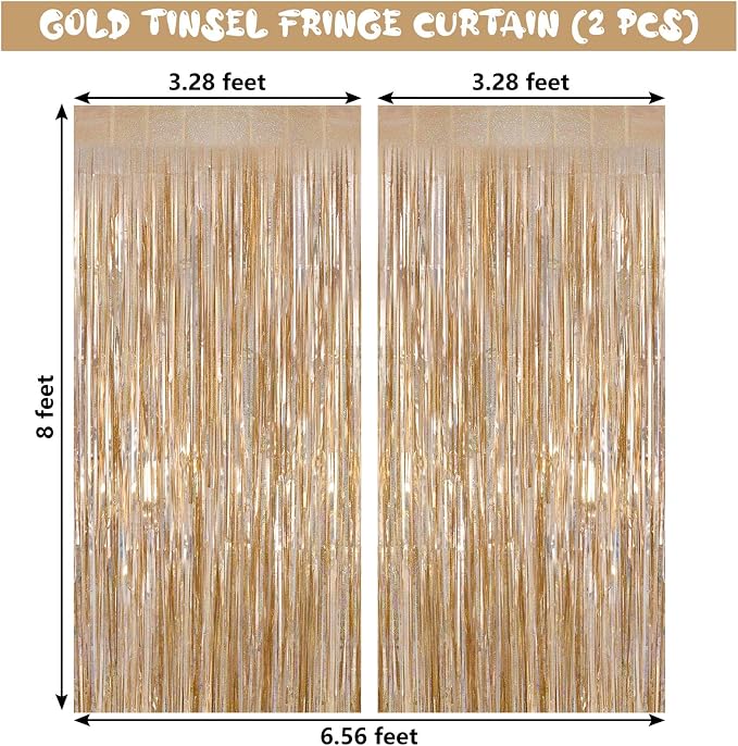 Champagne Tinsel Foil Fringe Curtain, 2 Pack 3.3 x 8.2 Ft Metallic Glitter - Image 3