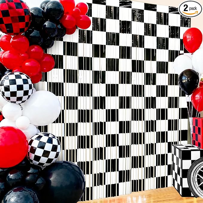 2 Packs Race Car Foil Fringe Curtain, Baby Shower, Racing Car Truck One Happy by BSRESIN