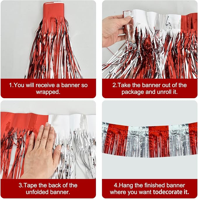 BEISHIDA Red Silver Fringe Garland Banner 30ft Wall Tinsel Foil Streamers | - Image 3