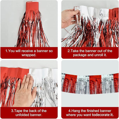 BEISHIDA Red Silver Fringe Garland Banner 30ft Wall Tinsel Foil Streamers | - Image 3