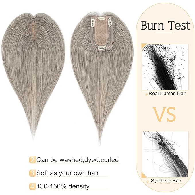 SEGO Grey Hair Toppers for Women Real Human Hair No Bangs, Salt and Pepper Hair Topper, 7 * 13 CM Silk Base Clip In Top Pieces Add Volume -12 Inch G3 Light Grey Mix