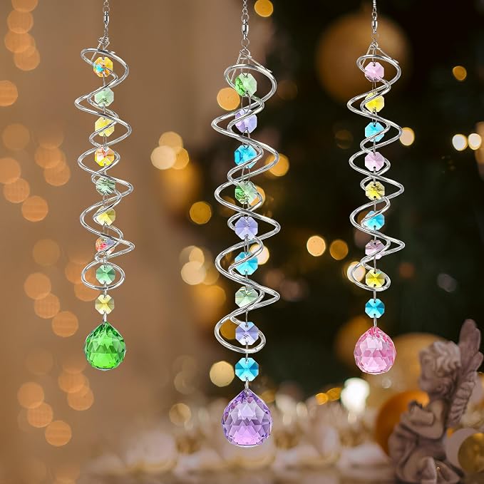 Set of 3 Crystal Suncatcher Spiral Wind Spinner Gazing Ball Decor | Crystal - Image 7