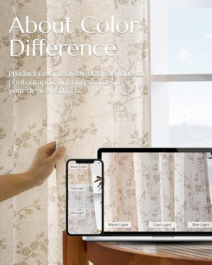 jinchan Taupe Floral Linen Curtains 90 Inch Farmhouse Back Tab 2 Panels | - Image 7