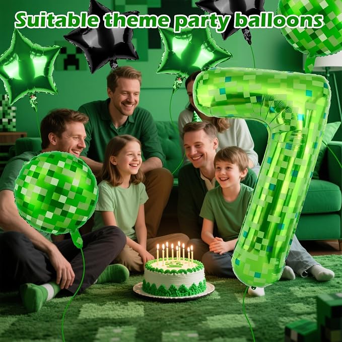 40 Inch Green Pixel Themed Number 7 Balloon Set Foil Balloon - Image 4