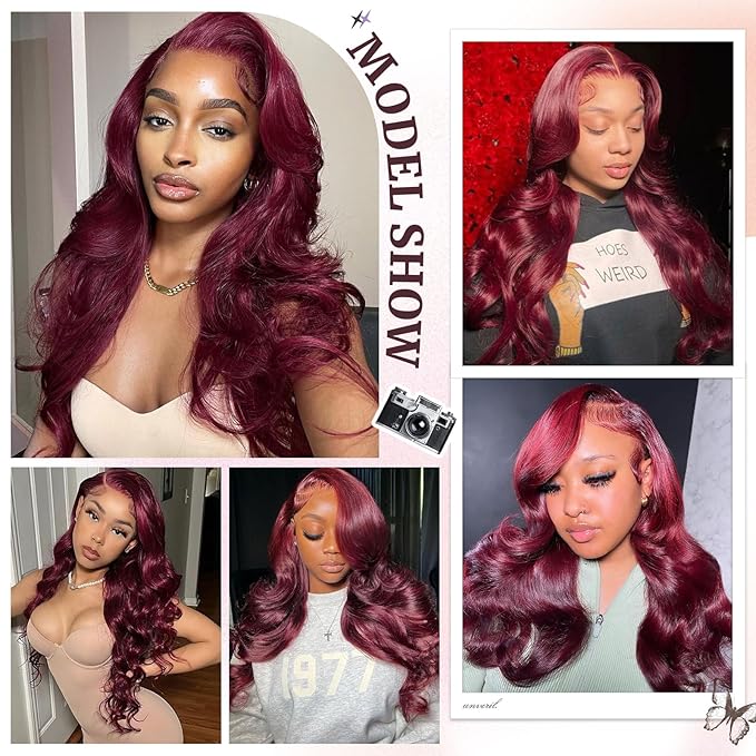 2x6 HD Lace Closure Human Hair Body Wave 99J Burgundy Dark Red Wine Color Transparent Lace Closure 2x6 Long Deep Middle Part 100% Raw Virgin Human Hair 16 Inch 150% Density