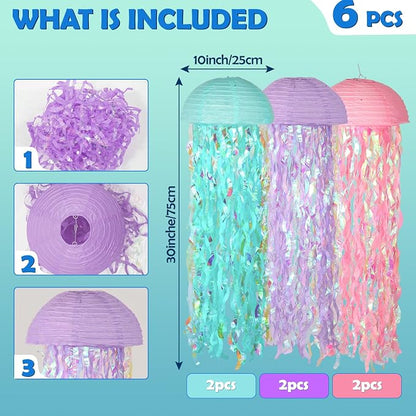 Set of 6 Mermaid Jellyfish Lanterns 10'' – Pink Purple Blue Decorations - Image 3