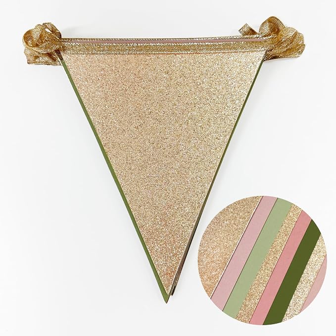 Sage Green Dusty Rose Pink Champagne Gold Pennant Banner Flag Hanging Glitter - Image 3