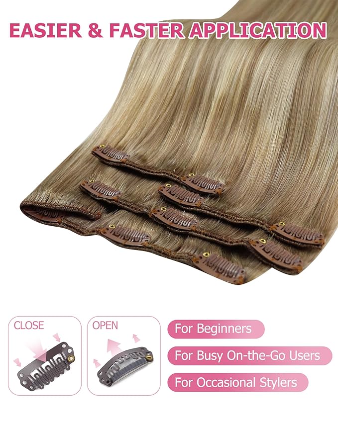 YoungSee Clip in Hair Extensions Real Human Hair Light Brown Balayage Clip in Extensions Light Brown Ombre Blonde Highlights Dyable Hair Extension Clip ins for Women 20Inch 7Pcs 120G