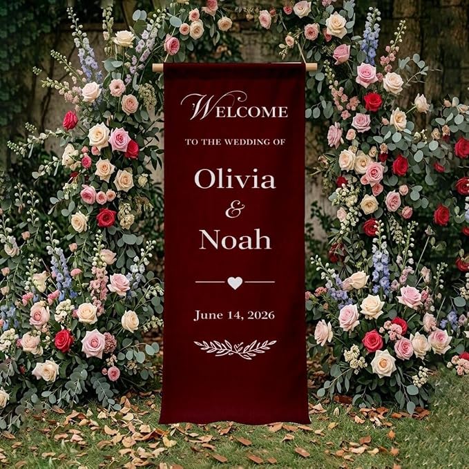 Personalized Wedding Welcome Banner Linen – Custom Names & Date, Elegant Fabric by Custom