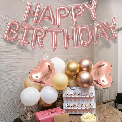 Happy Birthday Balloon Banner Rose Gold, 16 Inch Mylar Letters Rose Gold Heart - Image 5