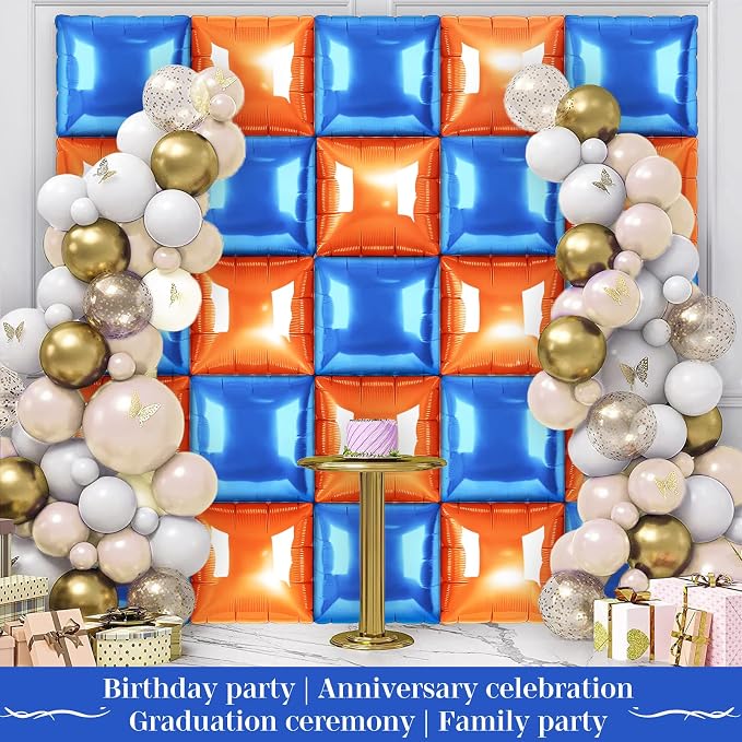 Orange and Blue Square Foil Balloons 25 Pcs Metallic Orange and Blue Balloons - Image 5