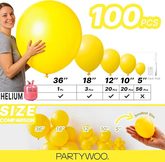 PartyWoo Yellow Balloons 100pcs Matte Yellow Color 36 18 12 10 5 Inch | Balloons - Image 7