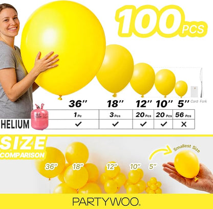 PartyWoo Yellow Balloons 100pcs Matte Yellow Color 36 18 12 10 5 Inch | Balloons - Image 7