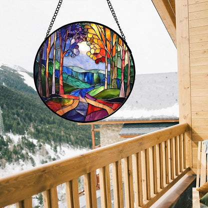 DASTOLL Stained Glass Window Hanging, Colorful Forest Landscape Tree Suncatcher - Image 3