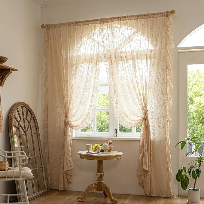 Deeprove Beige Lace Curtains 63 inches Length 2 Panels Set Sheer Boho Florals - Image 6