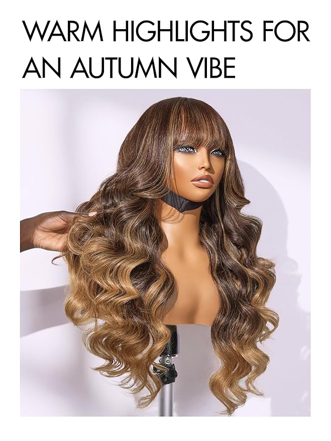 LUVME HAIR 7x6 HD Lace All-Day Comfort Wig with Bangs 200% Density Hair Lace Wigs Ombre Blonde Highlight Loose Body Wave Lace Front Wigs Human Hair Pre Cut Plucked Glueless 24 Inches